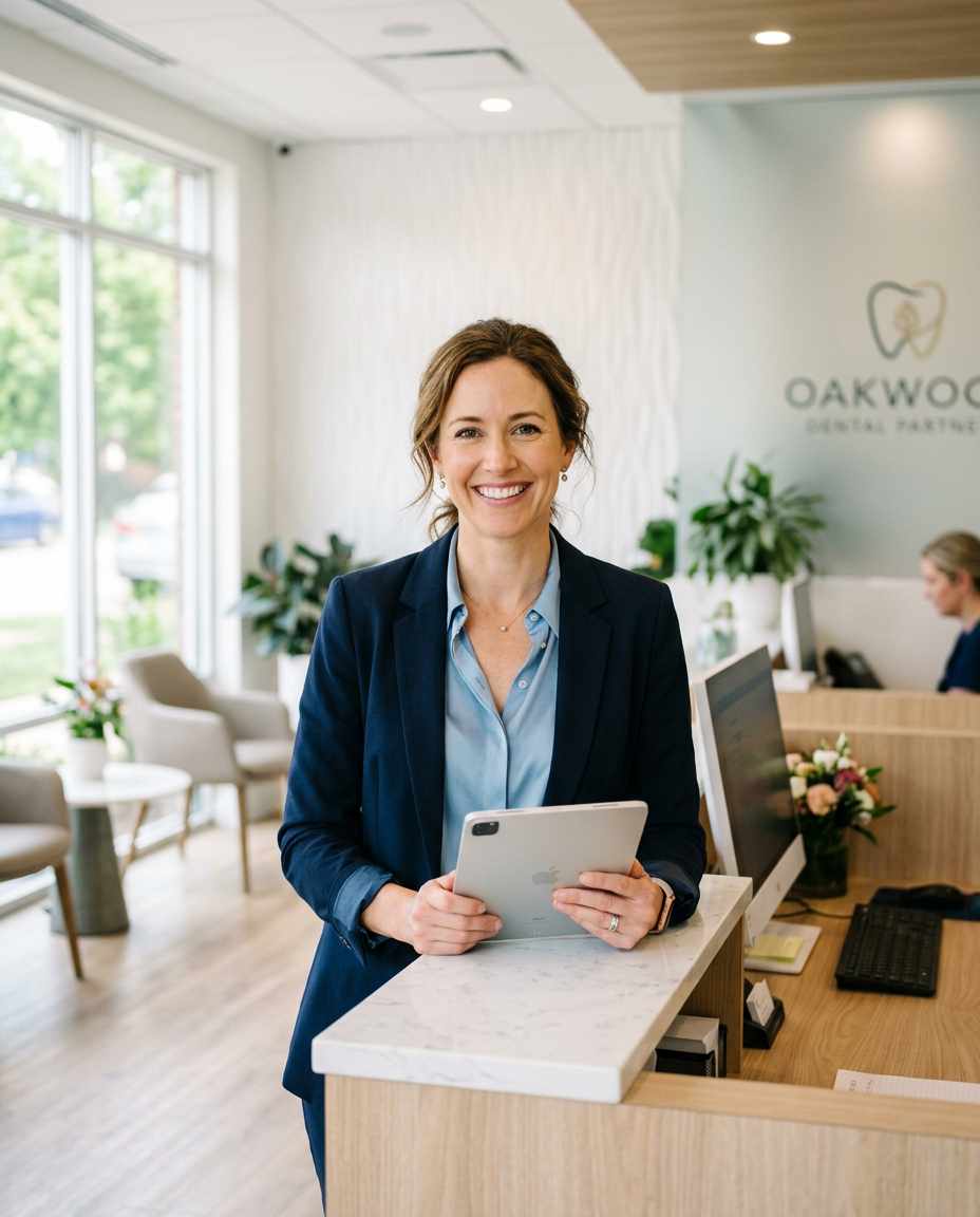 Dental clinic owner smiling at her front desk